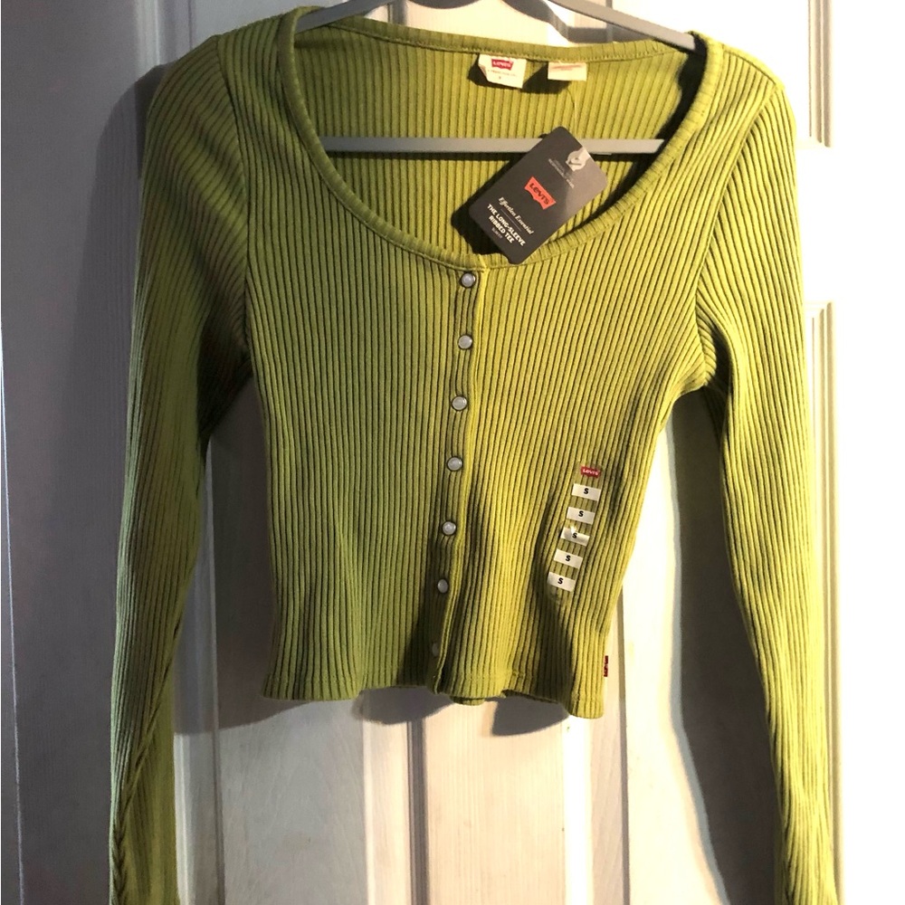 Levi's Lime Green Ribbed Snap-Front Long Sleeve Top Small